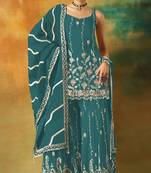 Teal blue heavy fox georgette semi stitched suit with embroidery work