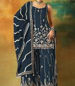 Navy heavy fox georgette semi stitched suit with embroidery work