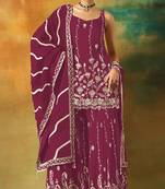 Maroon heavy fox georgette semi stitched suit with embroidery work