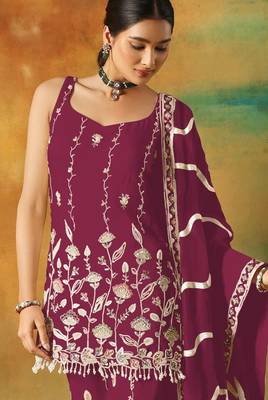 Maroon heavy fox georgette semi stitched suit with embroidery work 2