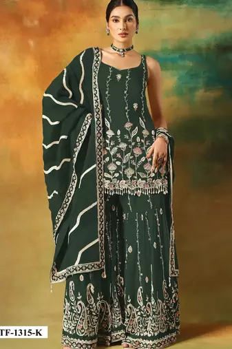 Dark green heavy fox georgette semi stitched suit with embroidery work