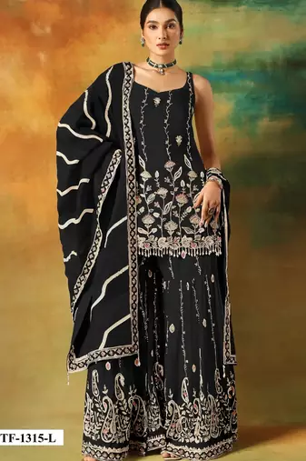 Black heavy fox georgette semi stitched suit with embroidery work