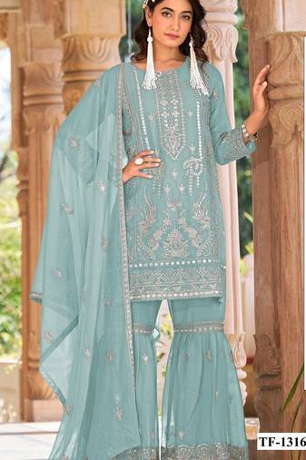 Sky blue naylon organza semi stitched suit with embroidery & mirror  work