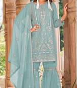Sky blue naylon organza semi stitched suit with embroidery & mirror work