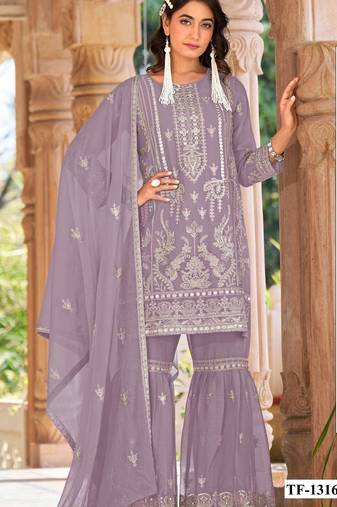 Lavender naylon organza semi stitched suit with embroidery & mirror  work