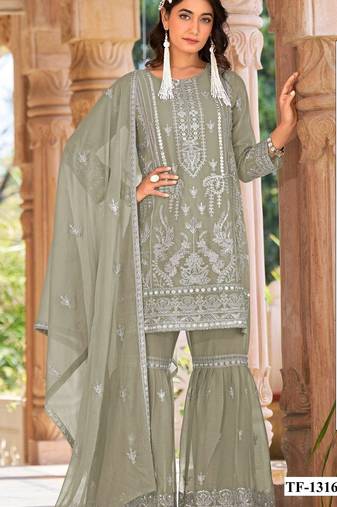 Sea green naylon organza semi stitched suit with embroidery & mirror  work