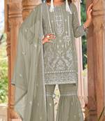 Sea green naylon organza semi stitched suit with embroidery & mirror work