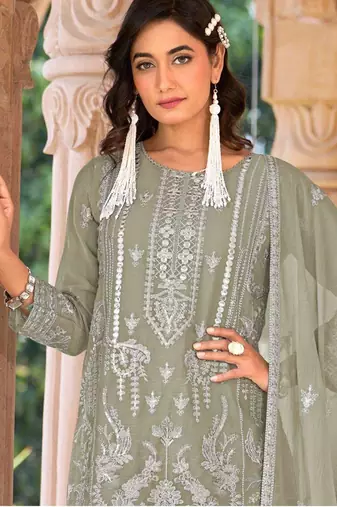 Sea green naylon organza suit with embroidered mirror 
