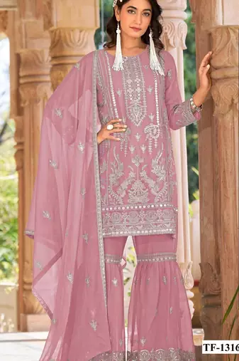 Pink naylon organza semi stitched suit with embroidery & mirror  work