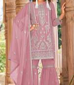 Pink naylon organza semi stitched suit with embroidery & mirror work
