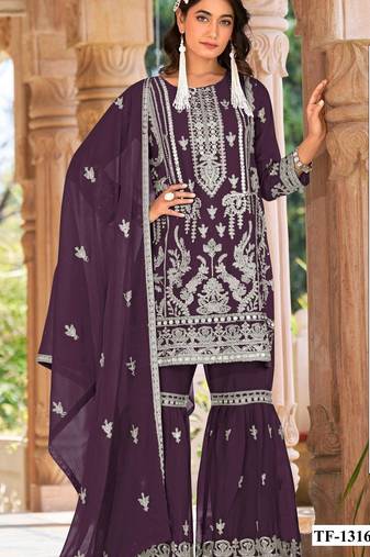 Purple naylon organza semi stitched suit with embroidery & mirror  work