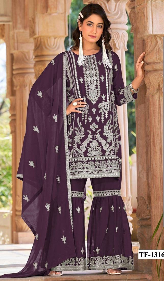 Purple naylon organza semi stitched suit with embroidery & mirror  work