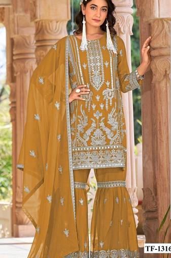 Gold naylon organza semi stitched suit with embroidery & mirror  work