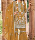 Gold naylon organza semi stitched suit with embroidery & mirror work