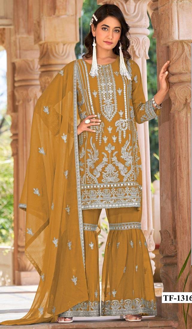 Gold naylon organza semi stitched suit with embroidery & mirror  work