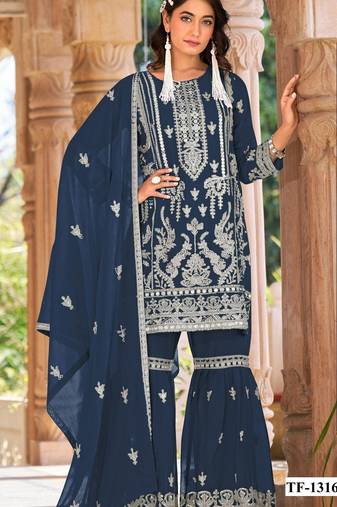 Navy blue naylon organza semi stitched suit with embroidery & mirror  work