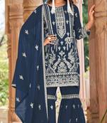 Navy blue naylon organza semi stitched suit with embroidery & mirror work