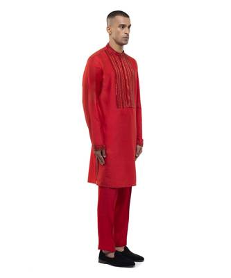 Red embroidered silk kurta set 3