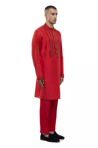 Red embroidered silk kurta set
