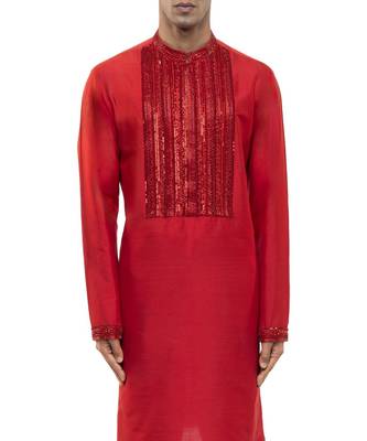 Red embroidered silk kurta set 4