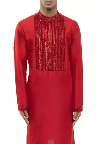 Red embroidered silk kurta set