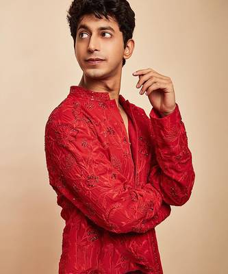 Red embroidered georgette kurta set 1