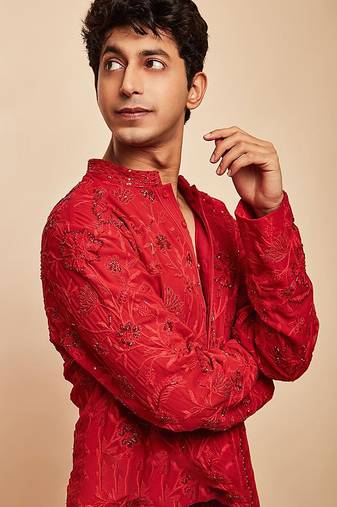 Red embroidered georgette kurta set