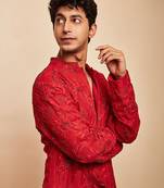 Red embroidered georgette kurta set