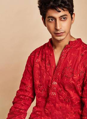 Red embroidered georgette kurta set 3