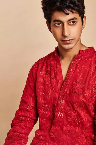 Red embroidered georgette kurta set