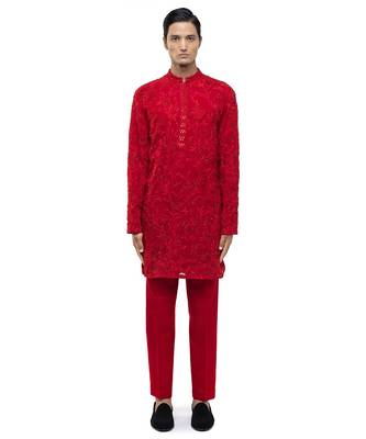 Red embroidered georgette kurta set 4