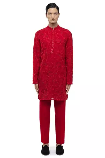 Red embroidered georgette kurta set