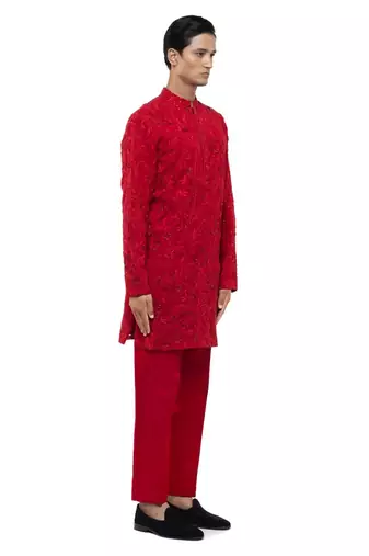 Red embroidered georgette kurta set