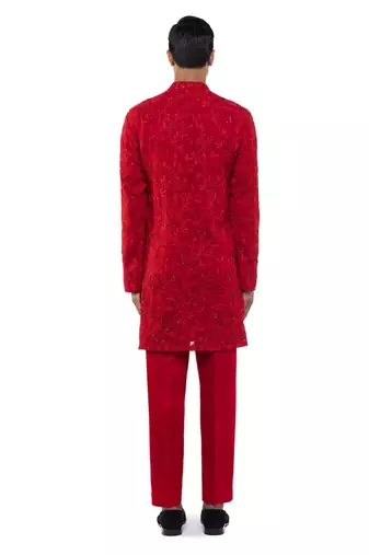 Red embroidered georgette kurta set