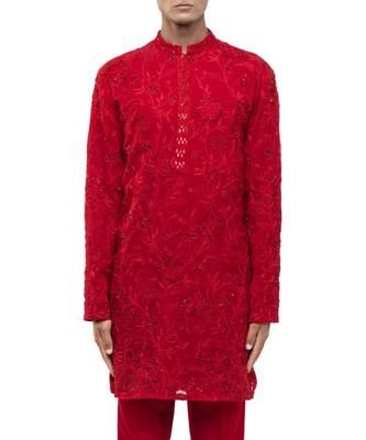 Red embroidered georgette kurta set 7