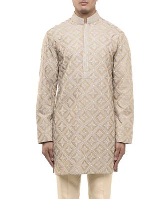 Beige embroidered silk kurta set 5
