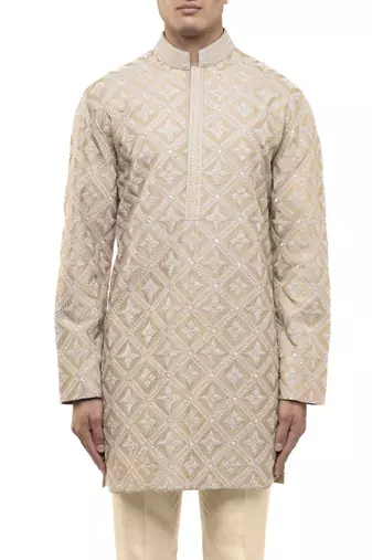 Beige embroidered silk kurta set