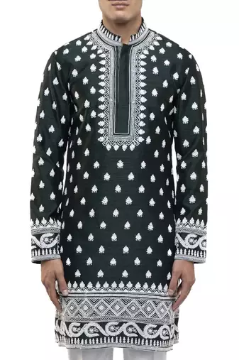 Green embroidered silk kurta set