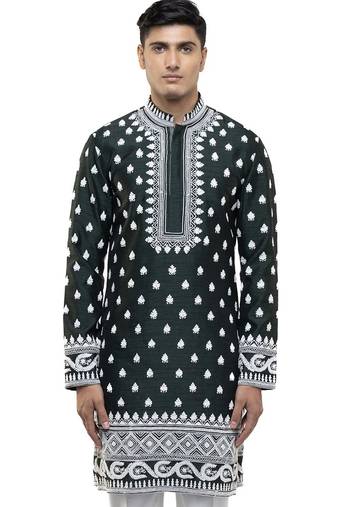 Green embroidered silk kurta set