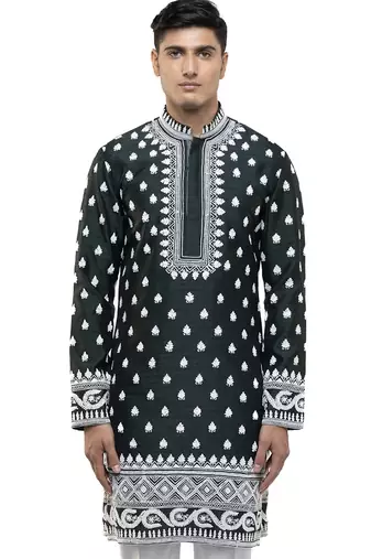 Green embroidered silk kurta set
