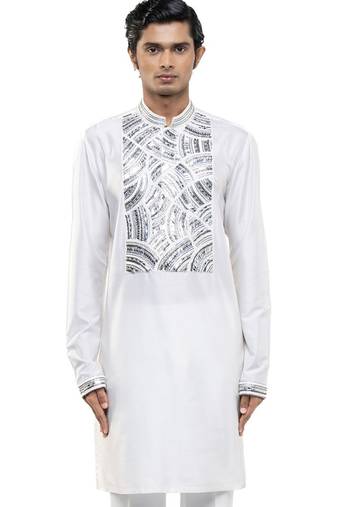 White printed silk kurta set