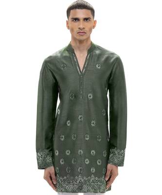Green embroidered silk kurta set 1