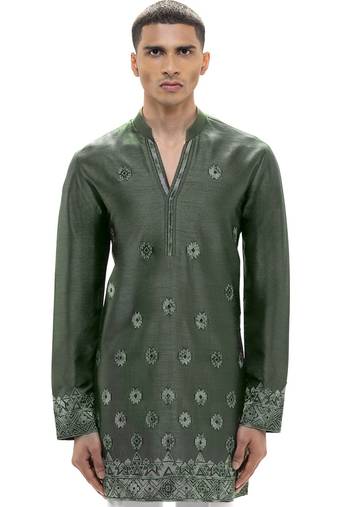 Green embroidered silk kurta set