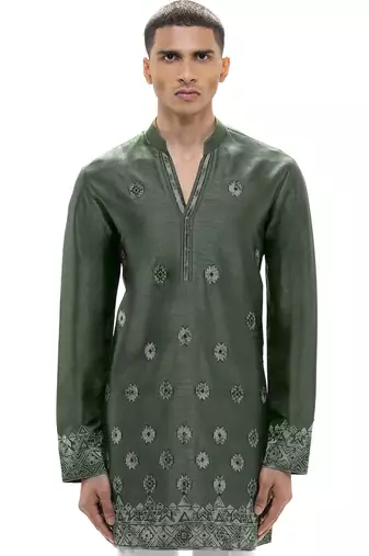 Green embroidered silk kurta set