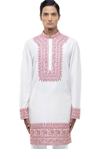 White embroidered silk kurta set