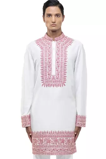 White embroidered silk kurta set