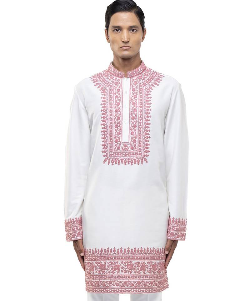 White embroidered silk kurta set