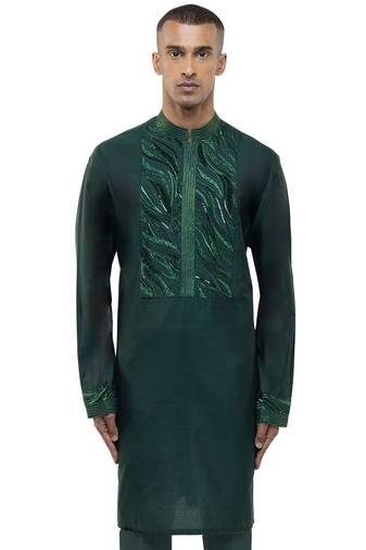 Green embroidered silk kurta set