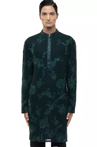 Green embroidered georgette kurta set