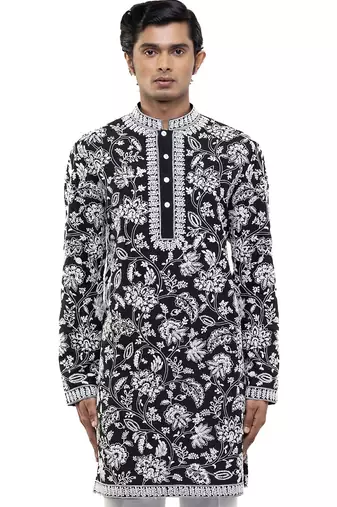 Black embroidered silk kurta set